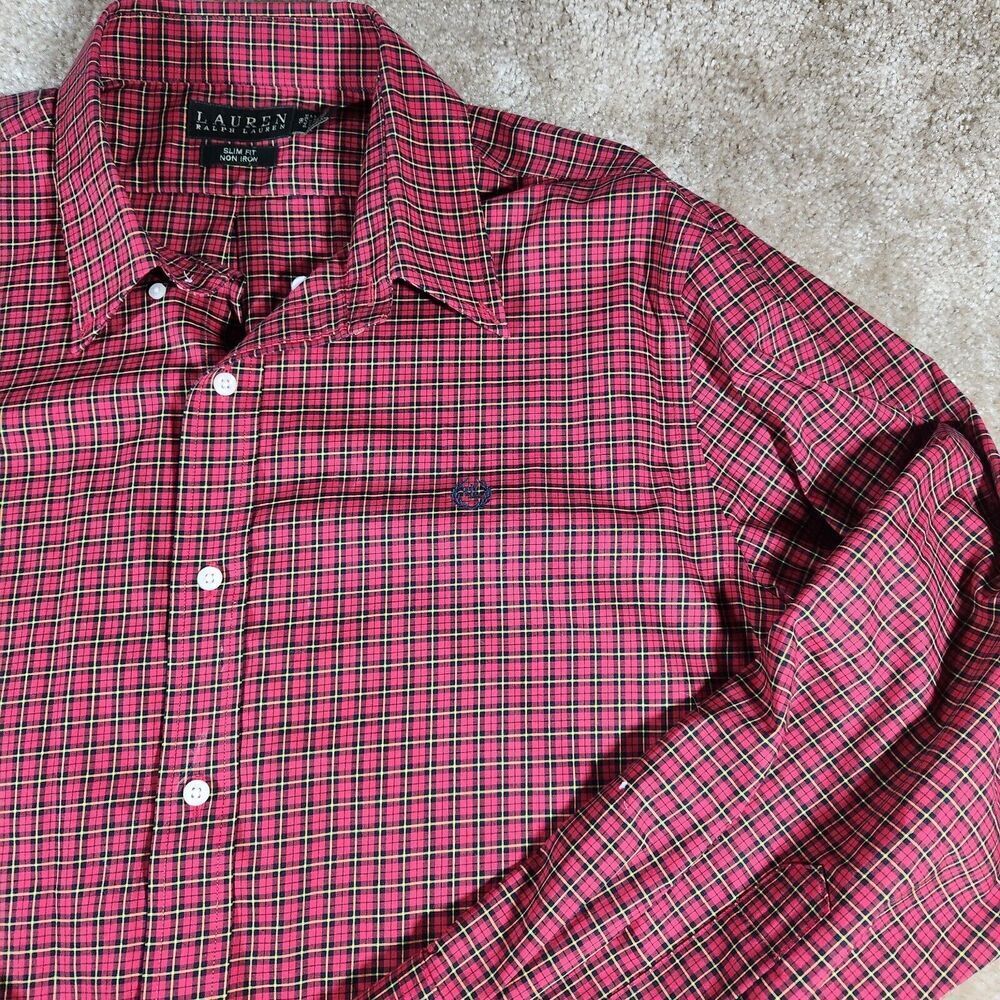 Ralph Lauren Slim Fit Non Iron 18 34/35 Long Sleeve Red Plaid Shirt #301